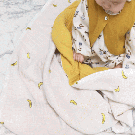 바나나 자수 스트랩 아기 블랭킷 (5중 거즈 면 100% 이불, 아기띠 유모차 고정 담요)